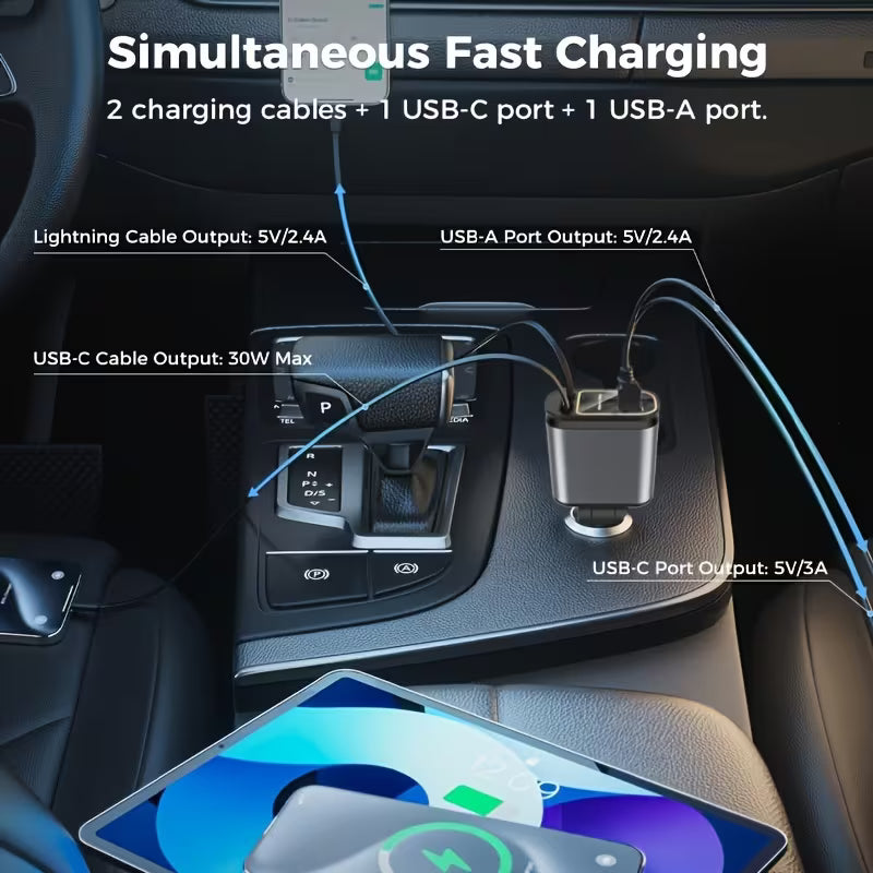 Premium  - 4 In 1 SuperFast Car Charger With Galaxy Light | Free 360 Vacuum Phone Holder  | 6 Months Warranty