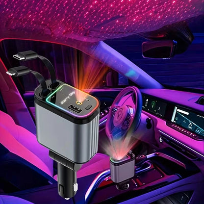 Premium  - 4 In 1 SuperFast Car Charger With Galaxy Light | Free 360 Vacuum Phone Holder  | 6 Months Warranty