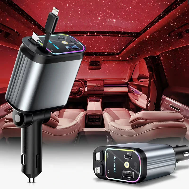 Premium  - 4 In 1 SuperFast Car Charger With Galaxy Light | Free 360 Vacuum Phone Holder  | 6 Months Warranty