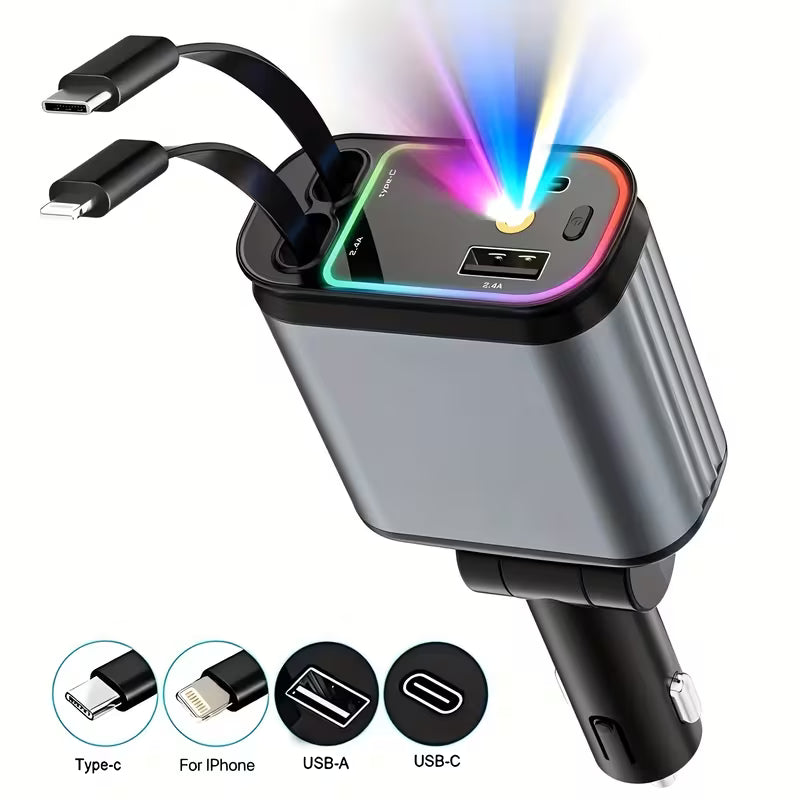 Premium  - 4 In 1 SuperFast Car Charger With Galaxy Light | Free 360 Vacuum Phone Holder  | 6 Months Warranty